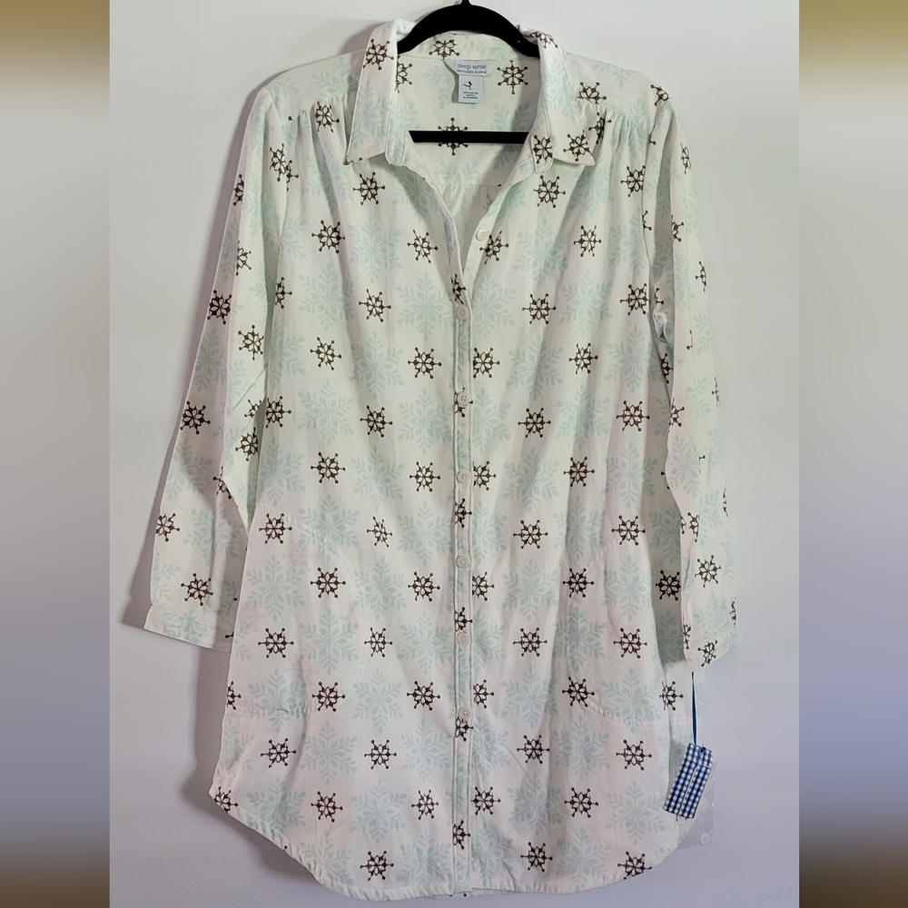 NEW Sleep Sense Snowflake Portuguese Flannel Button-Down Night Shirt, Large - Picture 3 of 10